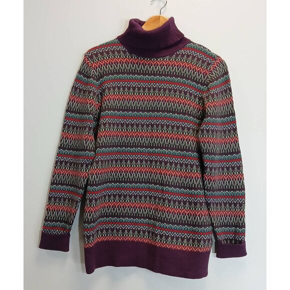 Ll bean womens medium turtleneck sweater cotton cashmere purple fairisle tunic - Picture 1 of 9